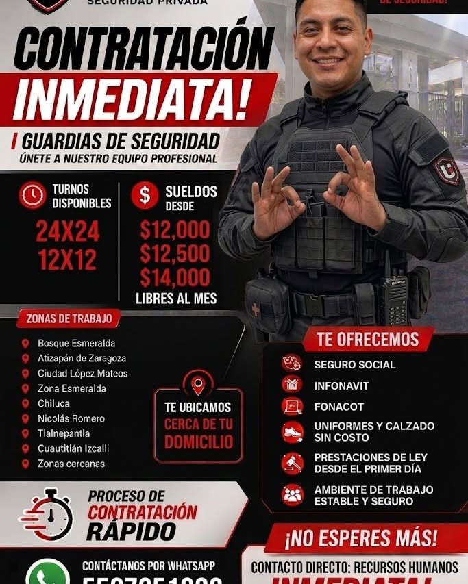 Banner del anuncio de la vacante: SCHURIDAD PRIVAUA · CONTRATACIÓN · INMEDIATA! · I GUARDIAS DE SEGURIDAD · UNETE A NUESTRO EQUIPO PROFESIONAL · TURNOS · $ · SUELDOS · DISPON