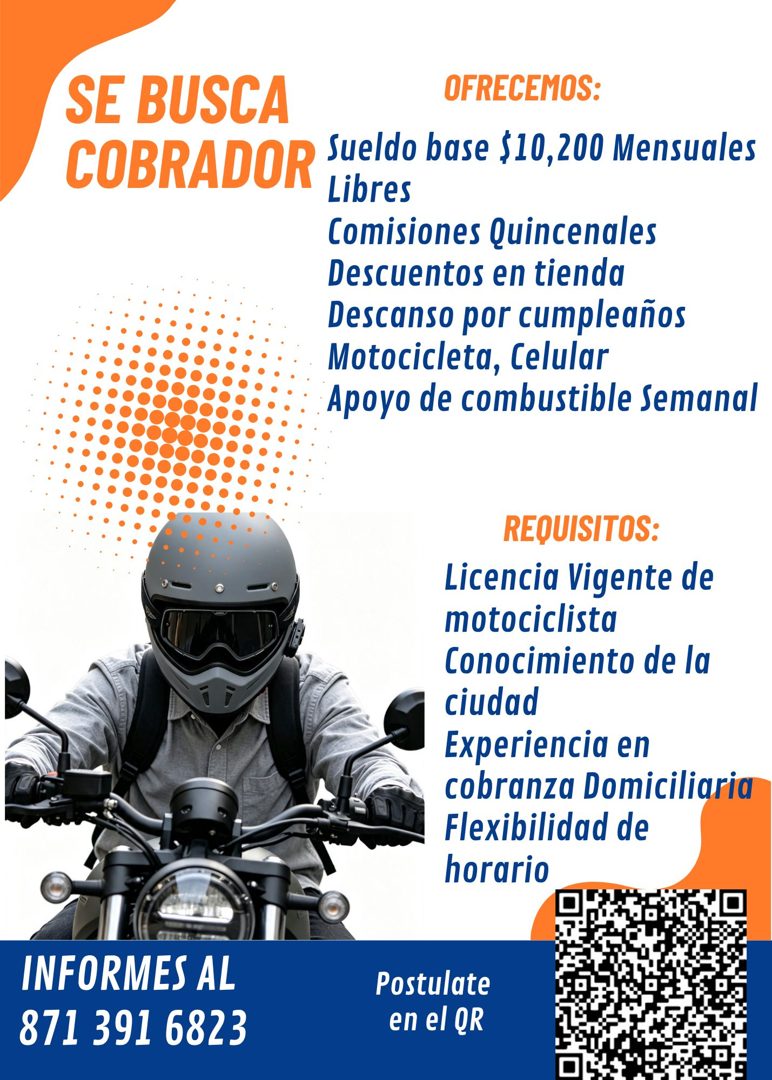 Banner del anuncio de la vacante: SE BUSCA · OFRECEMOS: · COBRADOR · Sueldo base $10,200 Mensuales · Libres · Comisiones Quincenales · Descuentos en tienda · Descanso por cum