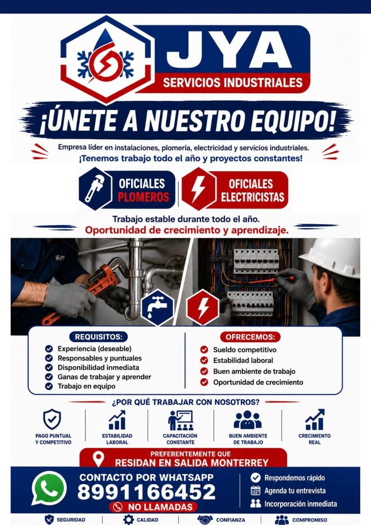 Banner del anuncio de la vacante: S · JYA · SERVICIOS INDUSTRIALES · ¡ÚNETE A NUESTRO EQUIPO! · Empresa líder en instalaciones, plomería, electricidad y servicios industriale