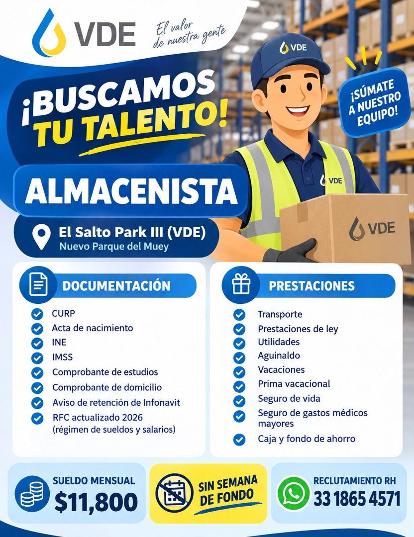Banner del anuncio de la vacante: VDE · El valor · de nuestra gente · O VDE · ¡BUSCAMOS · TU TALENTO! · ¡SÚMATE · A NUESTRO · EQUIPO! · ALMACENISTA · El Salto Park III (VDE) 