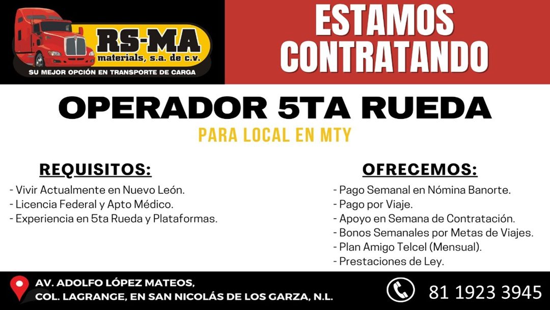 Banner del anuncio de la vacante: ESTAMOS · RS-MA · materials, s.a. de C.v. · SU MEJOR OPCIÓN EN TRANSPORTE DE CARGA · CONTRATANDO · OPERADOR 5TA RUEDA · PARA LOCAL EN MTY · 