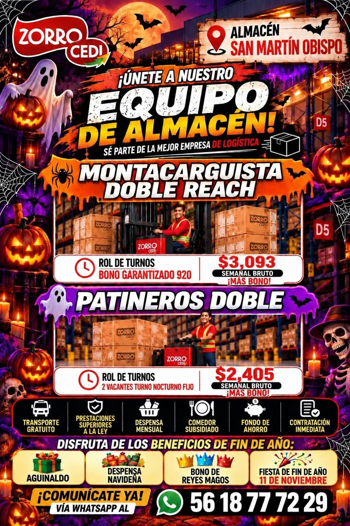 Banner del anuncio de la vacante: ZORRO · CEDI · ALMACÉN · SAN MARTIN OBISPO · ¡ÚNETE A NUESTRO · EQUIPO · DE ALMACÉN! · D5 · SÉ PARTE DE LA MEJOR EMPRESA DE LOGÍSTICA · MONT