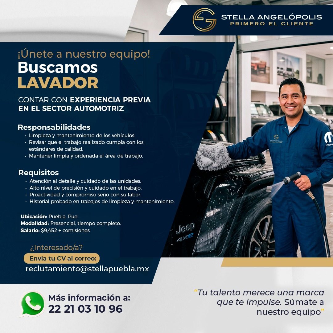 Banner del anuncio de la vacante: STELLA ANGELÓPOLIS · PRIMERO EL CLIENTE · ¡Únete a nuestro equipo! · Buscamos · LAVADOR · CONTAR CON EXPERIENCIA PREVIA · EN EL SECTOR AUTOM
