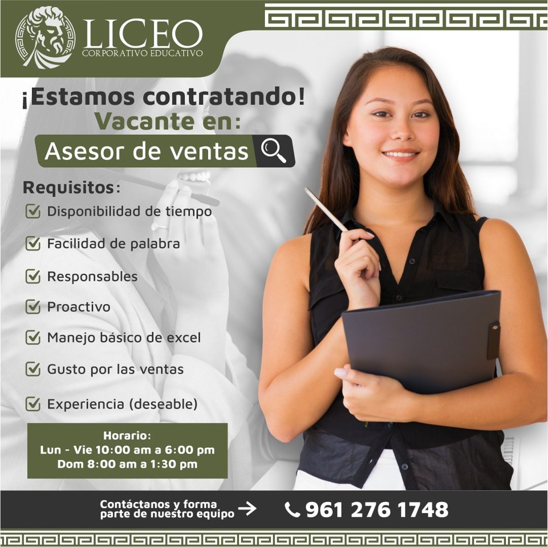 Banner del anuncio de la vacante: LICEO · COR POR ATIVO EDUCATIVO · ¡Estamos contratando! · Vacante en: · Asesor de ventas · Requisitos: · V Disponibilidad de tiempo · Facili
