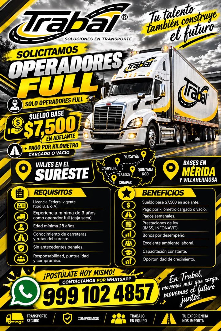 Banner del anuncio de la vacante: Trabat · SOLUCIONES EN TRANSPORTE · SOLICITAMOS · OPERADORES · Trebar® · FULL · con 000 Detente · SOLO OPERADORES FULL · SUELDO BASE · 19$7,