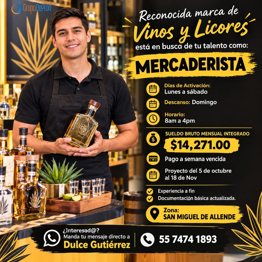 Banner del anuncio de la vacante: Grupo Cerron · Reconocida marca de · Vinos y Licores · está en busca de tu talento como: · MERCADERISTA · Días de Activación: · Lunes a sába
