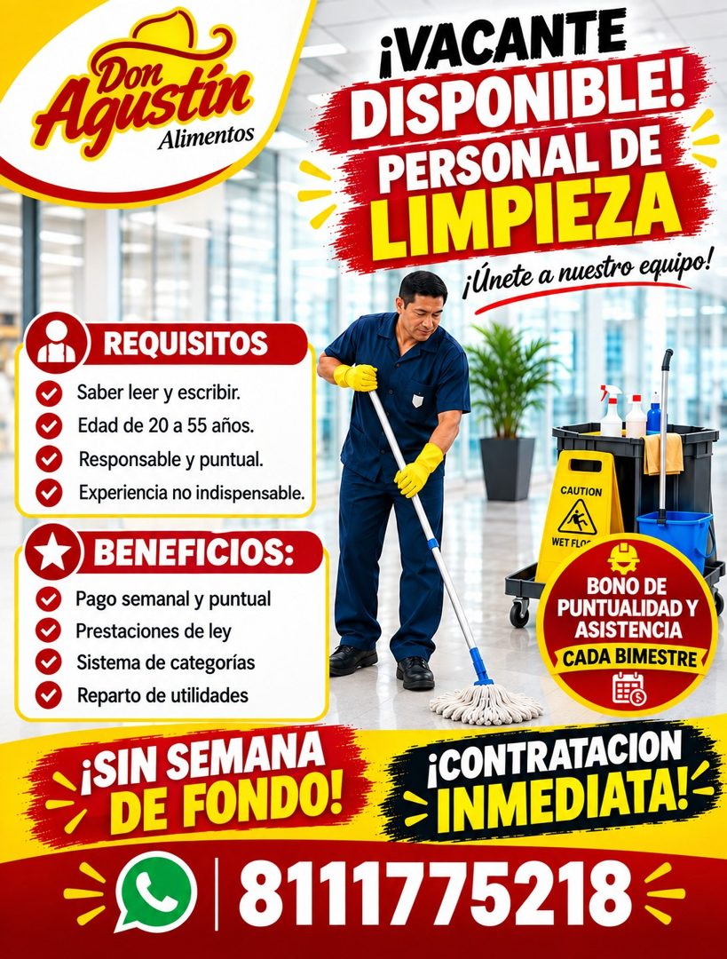 Banner del anuncio de la vacante: Agustin · Alimentos · iVACANTE · DISPONIBLE! · PERSONAL DE · LIMPIEZA · ¡Unete a nuestro equipo! · REQUISITOS · Saber leer y escribir. · Eda