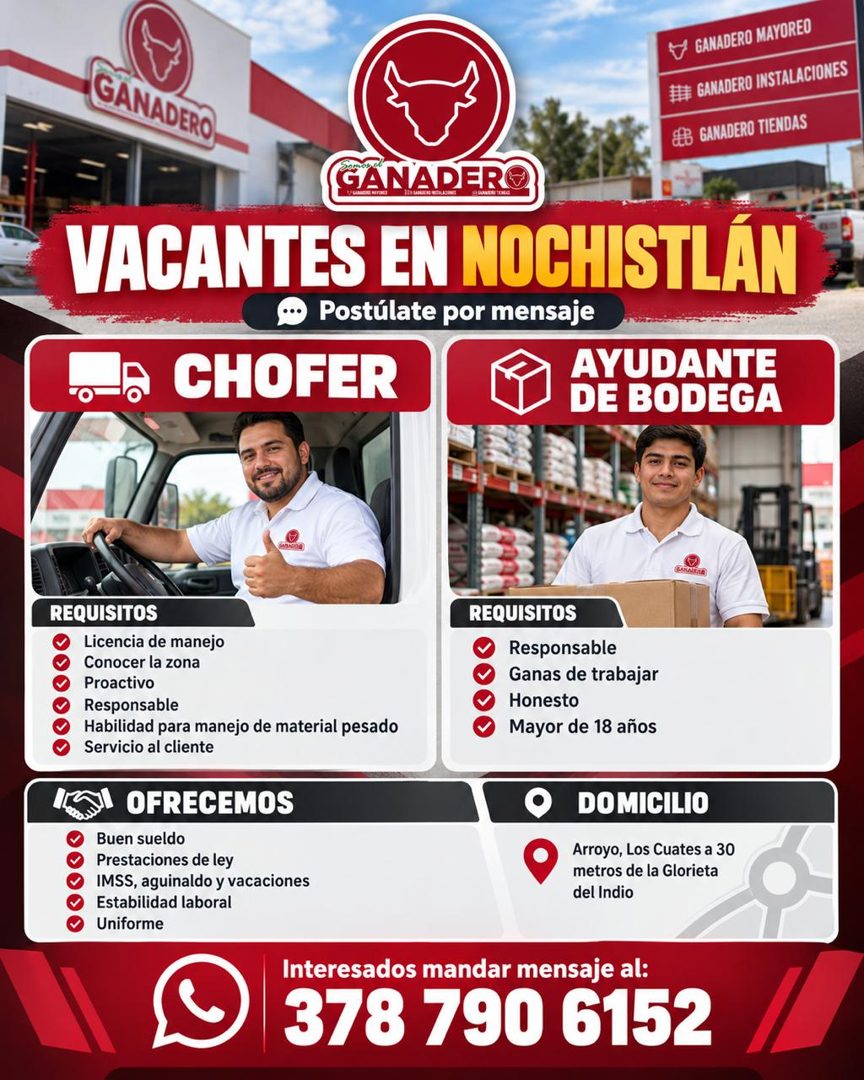 Banner del anuncio de la vacante: GANADERO, · GANADERO MAYOREO · ##* GANADERO INSTALACIONES · SEB GANADERO TIENDAS · GANADERE · VACANTES EN NOCHISTLÁN · Postúlate por mensaje
