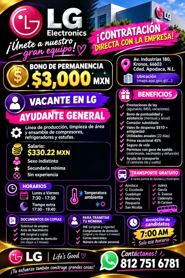Banner del anuncio de la vacante: LG · Electronics · ¡Unete a nuestro. · -gran equipo! · BONO DE PERMANENCIA · $ · $3,000 mxN · VACANTE EN LG · GL6 · ¡CONTRATACIÓN · DIRECTA 