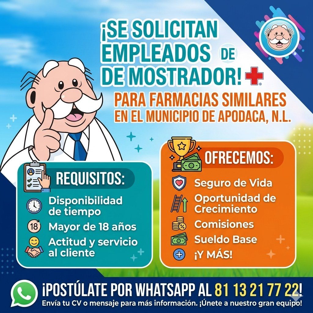 Banner del anuncio de la vacante: (18) · ¡SE SOLICITAN · EMPLEADOS DE · DE MOSTRADOR! + · PARA FARMACIAS SIMILARES · EN EL MUNICIPIO DE APODACA, N.L. · OFRECEMOS: · REQUISITO