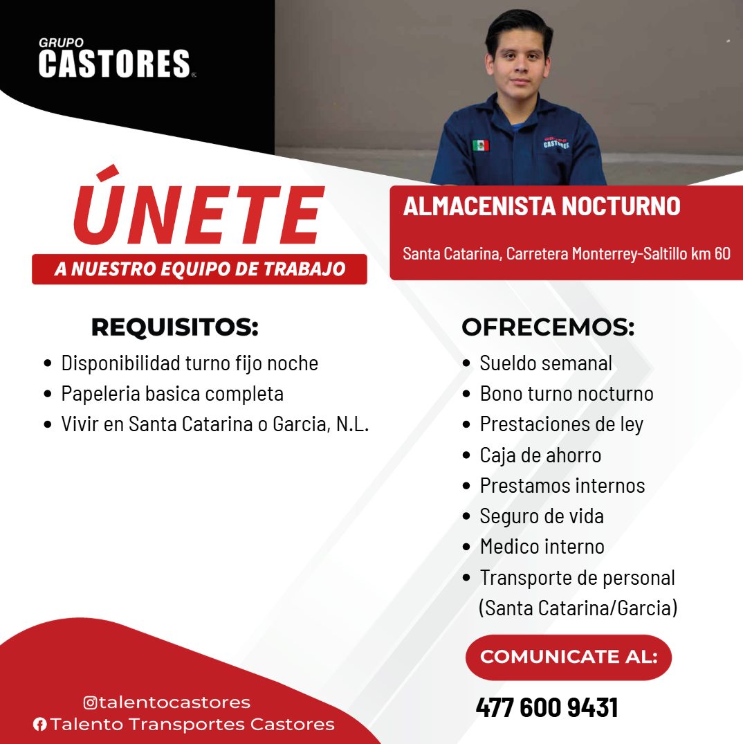 Banner del anuncio de la vacante: GRUPO · CASTORES. · ÚNETE · A NUESTRO EQUIPO DE TRABAJO · REQUISITOS: · • Disponibilidad turno fijo noche · • Papeleria basica completa · • 