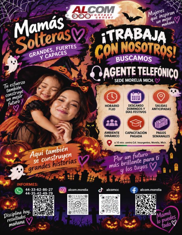 Banner del anuncio de la vacante: ALCOM · Mamas · O0O cher · Solteras y · GRANDES, FUERTES · Y CAPACES · Mujeres · que inspiran · un mejor · manana · ¡TRABAJA · CON NOSOTROS!