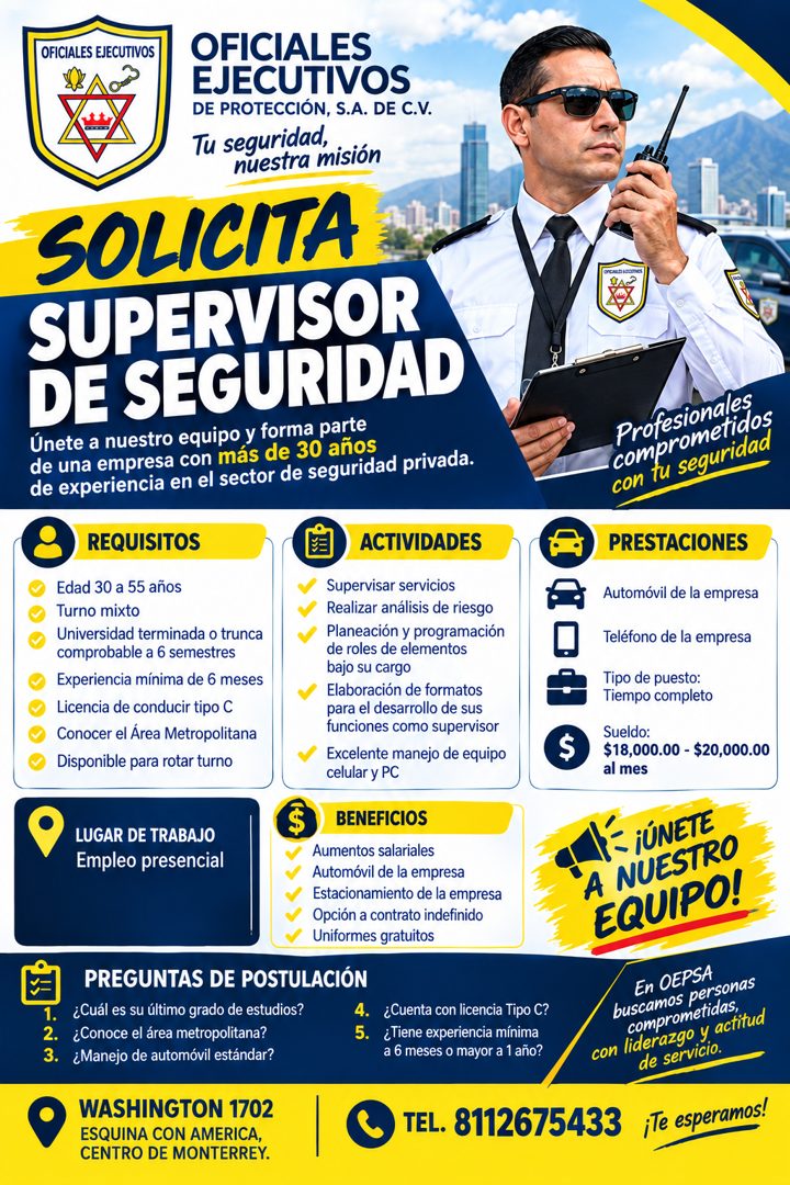 Banner del anuncio de la vacante: OFICIALES EJECUTIVOS · OFICIALES · EJECUTIVOS · DE PROTECCIÓN, S.A. DE C.V. · Tu seguridad, · nuestra misión · SOLICITA · SUPERVISOR · DE SE