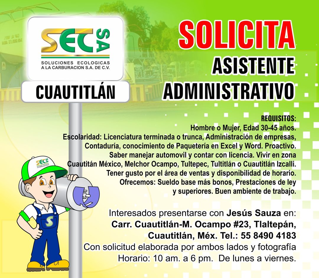 Banner del anuncio de la vacante: 2:00Г J4.9A3 · AUBA. 2TJ 000 BAT · SECS · SOLUCIONES ECOLOGICAS · A LA CARBURACION S.A. DE C.V. · CUAUTITLÁN · SOLICITA · ASISTENTE · ADMINI