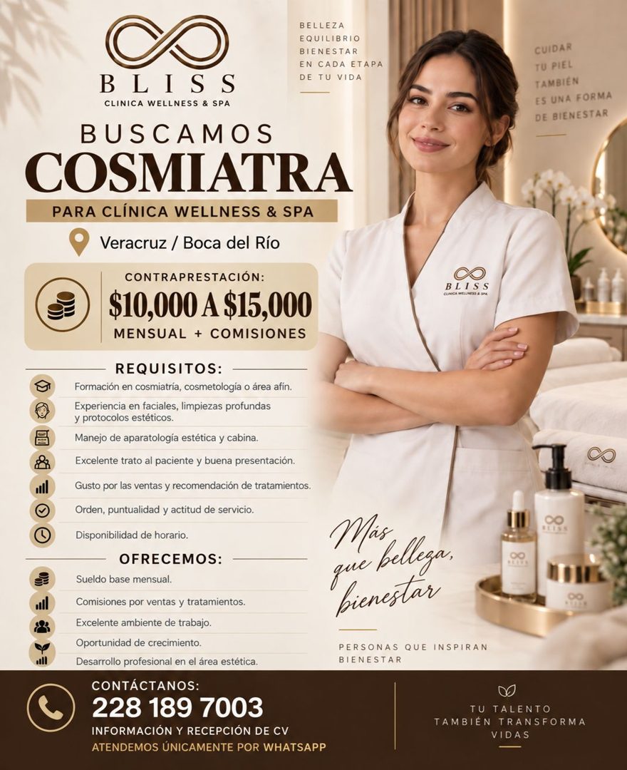 Banner del anuncio de la vacante: BELLEZA · EQUILIBRIO · BIENESTAR · EN CADA ETAPA · DE TU VIDA · BLISS · CLINICA WELLNESS & SPA · BUSCAMOS · COSMIATRA · PARA CLÍNICA WELLNES