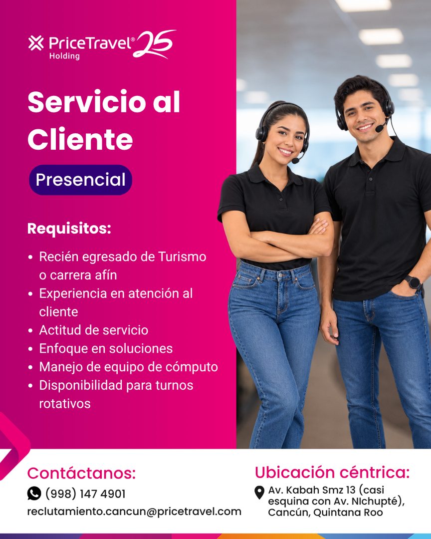 Banner del anuncio de la vacante: X pariceTravel 25 · Holding · Servicio al · Cliente · Presencial · Requisitos: · • Recién egresado de Turismo · o carrera afín · • Experienc
