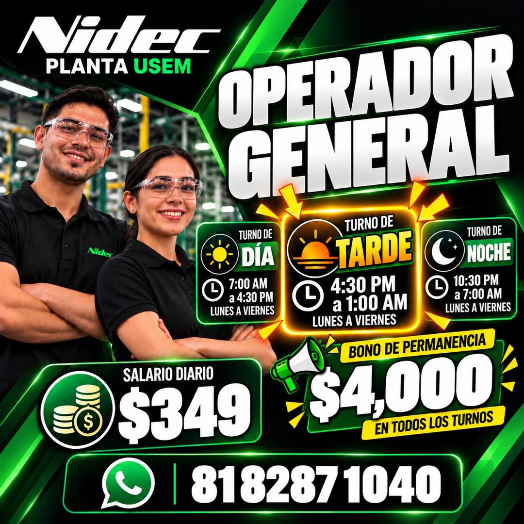 Banner del anuncio de la vacante: Niet · PLANTA USEM · Nider · S · OPERADOR · GENERAL · TURNO DE · DÍA · 7:00 AM · a 4:30 PM · LUNES A VIERNES · TURNO DE · TARDE · 4:30 PM · 