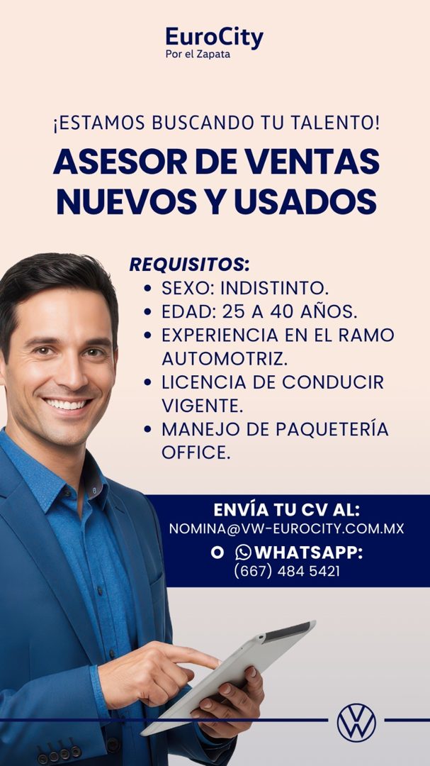 Banner del anuncio de la vacante: EuroCity · Por el Zapata · ¡ESTAMOS BUSCANDO TU TALENTO! · ASESOR DE VENTAS · NUEVOS Y USADOS · REQUISITOS: · • SEXO: INDISTINTO. · • EDAD: 