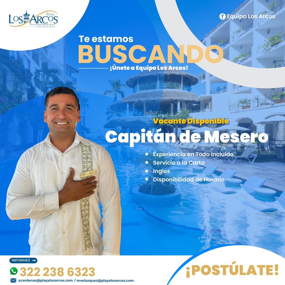 Banner del anuncio de la vacante: PLAYA · LOSE ARCOS · HOTEL BEACH RESORT & SPA · f Equipo Los Arcos · Te estamos · BUSCANDO · ¡Únete a Equipo Los Arcos! · Ada de al? · Vacan