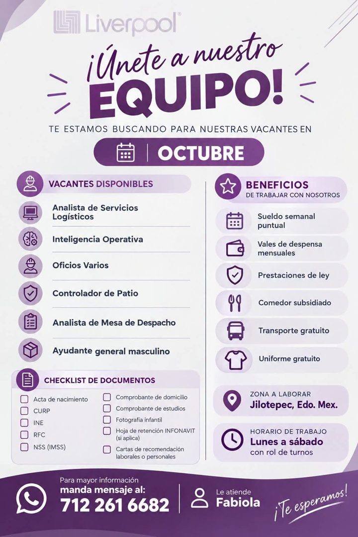 Banner del anuncio de la vacante: Liverpool' · ¡Únete a nuestro · EQUIPO! · TE ESTAMOS BUSCANDO PARA NUESTRAS VACANTES EN · VACANTES DISPONIBLES · Analista de Servicios · Log