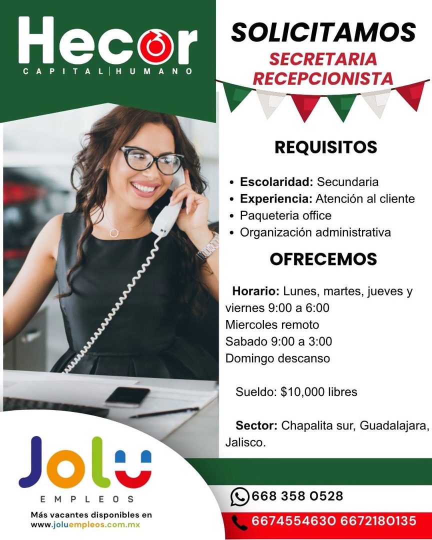 Banner del anuncio de la vacante: Hecor · CAPITAL HUMANO · SOLICITAMOS · SECRETARIA · RECEPCIONISTA · REQUISITOS · • Escolaridad: Secundaria · • Experiencia: Atención al clie