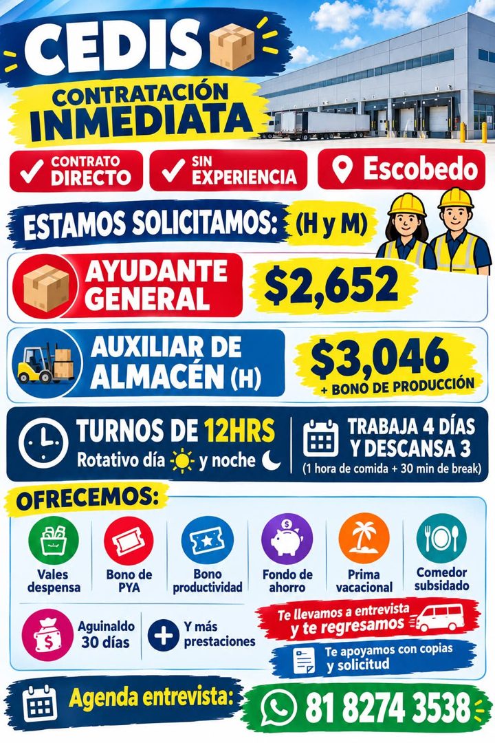 Banner del anuncio de la vacante: CEDIS · CONTRATACIÓN · INMEDIATA · CONTRATO · SIN · DIRECTO · EXPERIENCIA · ESTAMOS SOLICITAMOS: · AYUDANTE · GENERAL · AUXILIAR DE · ALMACE