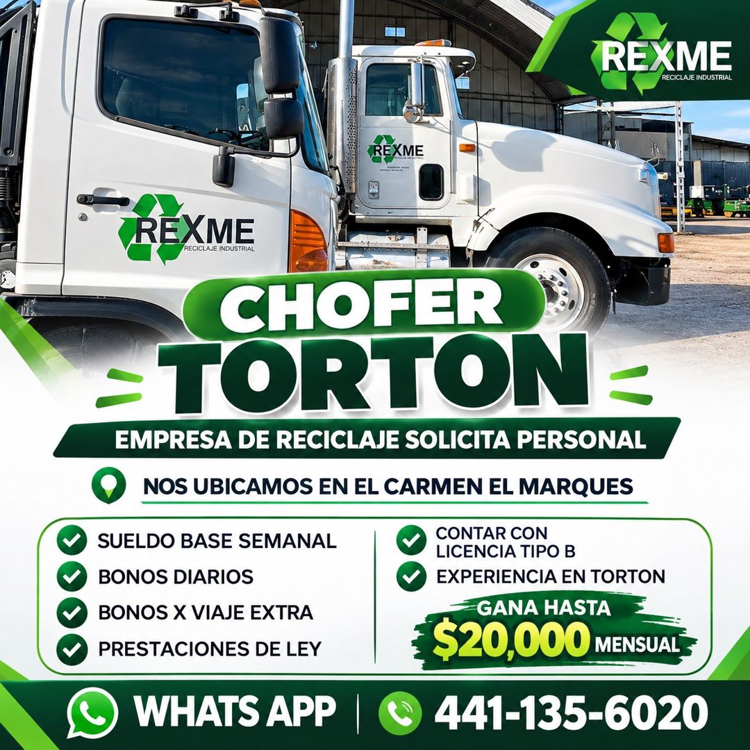Banner del anuncio de la vacante: REXME · RECICLAJE INDUSTRIAL · REXME · REXME · RECICLAJE INDUSTRIAL · CHOFER · TORTON · EMPRESA DE RECICLAJE SOLICITA PERSONAL · NOS UBICAMO