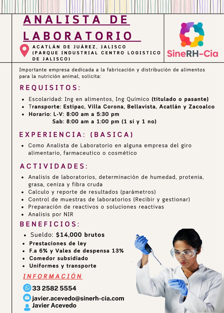 Banner del anuncio de la vacante: ANALISTA DE · LABORATORIO · ACATLÁN DE JUÁREZ, JALISCO · (PARQUE INDUSTRIAL CENTRO LOGISTICO · DE JALISCO) · SineRH-Cia · Importante empresa