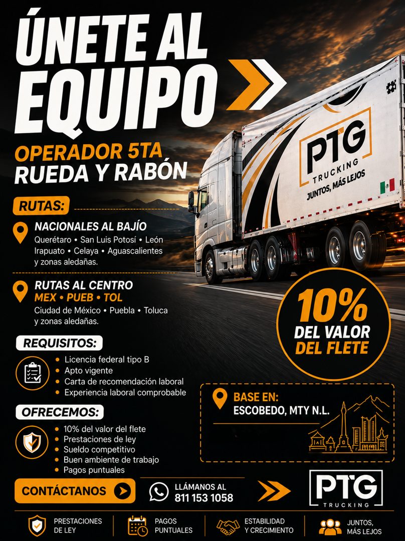 Banner del anuncio de la vacante: ÚNETE AL · EQUIPO · OPERADOR 5TA · RUEDA Y RABÓN · RUTAS: · NACIONALES AL BAJÍO · Querétaro • San Luis Potosí • León · Irapuato • Celaya • A