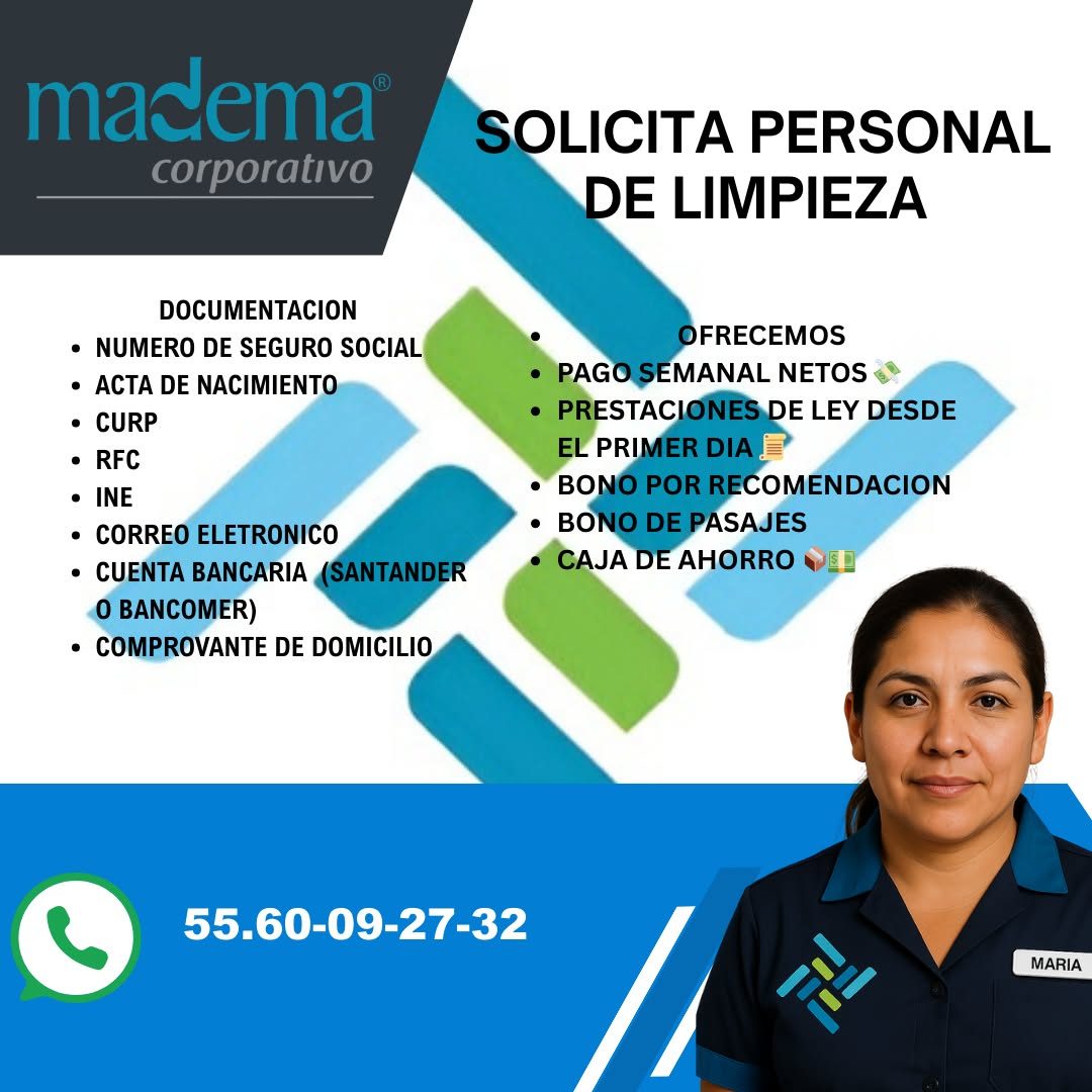 Banner del anuncio de la vacante: madema® · corporativo · SOLICITA PERSONAL · DE LIMPIEZA · DOCUMENTACION · • NUMERO DE SEGURO SOCIAL · • ACTA DE NACIMIENTO · • CURP · • RFC 