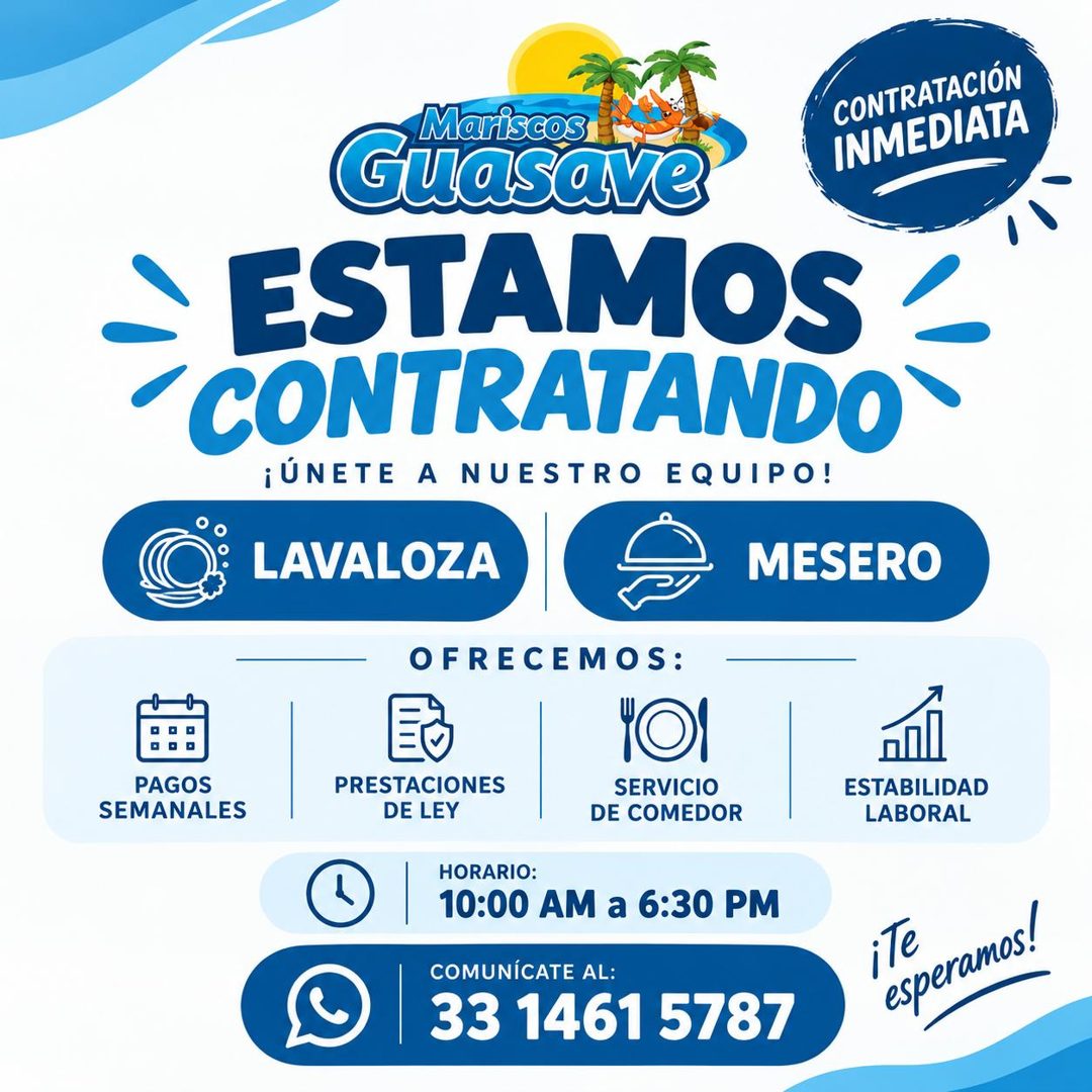 Banner del anuncio de la vacante: Mariscos · CONTRATACIÓN · Guasave · INMEDIATA · ESTAMOS · ' CONTRATANDO · ¡ÚNETE A NUESTRO EQUIPO! · LAVALOZA · • MESERO · OFRECE MOS: · PAG