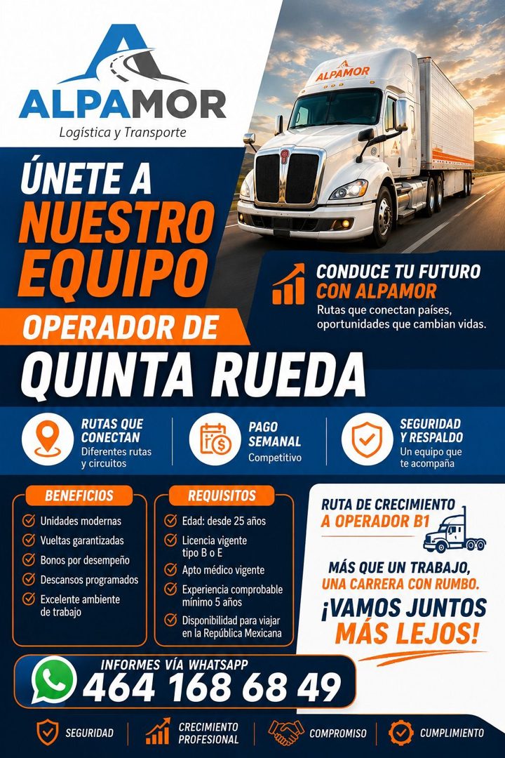 Banner del anuncio de la vacante: ALPAMOR · 00 0 · ALPAMOR · Logística y Transporte · ÚNETE A · NUESTRO · EQUIPO · OPERADOR DE · QUINTA RUEDA · CONDUCE TU FUTURO · CON ALPAMO
