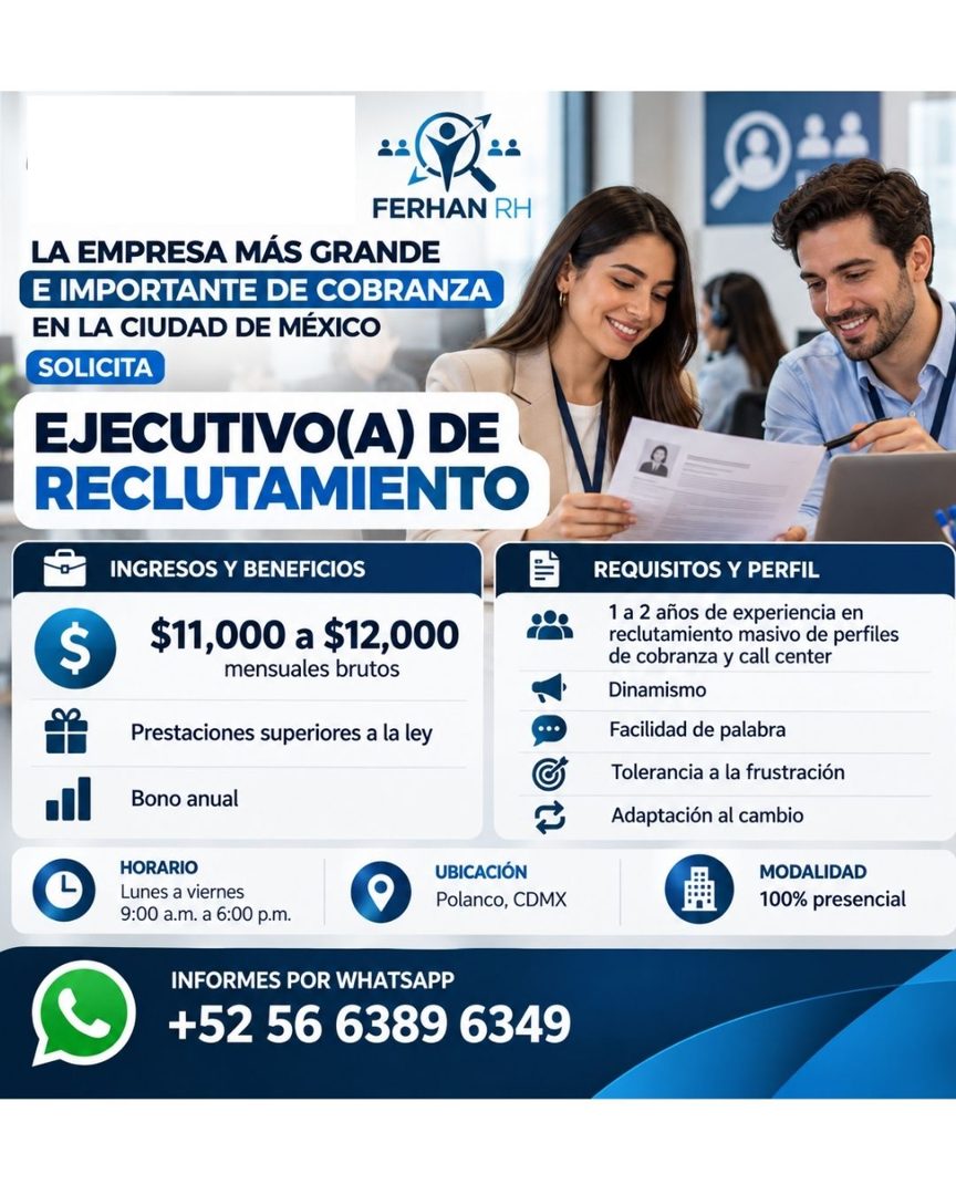 Banner del anuncio de la vacante: 0,%% · FERHAN RH · LA EMPRESA MÁS GRANDE · E IMPORTANTE DE COBRANZA · EN LA CIUDAD DE MÉXICO · SOLICITA · EJECUTIVO(A) DE · RECLUTAMIENTO · 