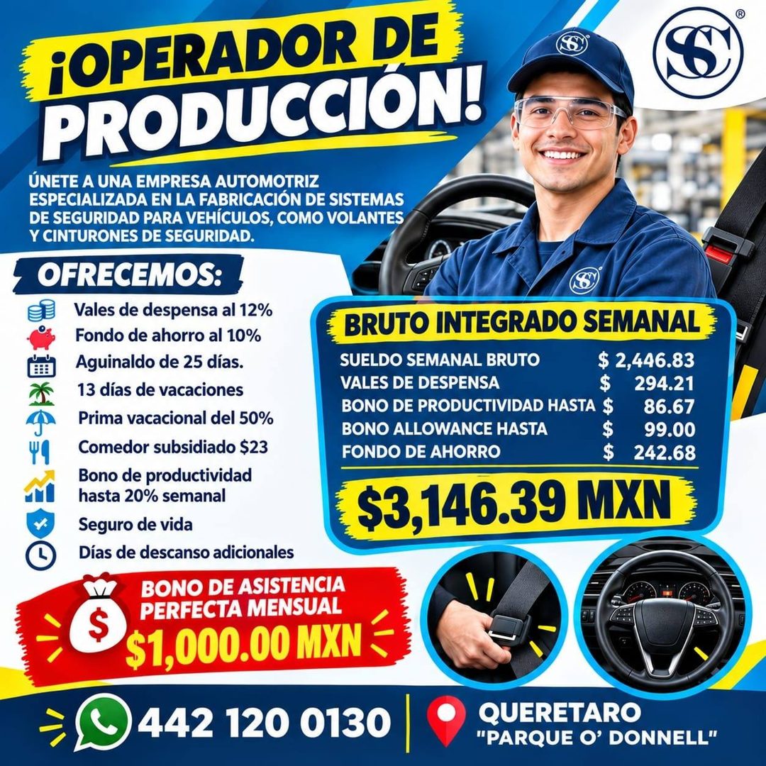 Banner del anuncio de la vacante: ¡OPERADOR DE · PRODUCCIÓN! · ÚNETE A UNA EMPRESA AUTOMOTRIZ · ESPECIALIZADA EN LA FABRICACIÓN DE SISTEMAS · DE SEGURIDAD PARA VEHÍCULOS, COM