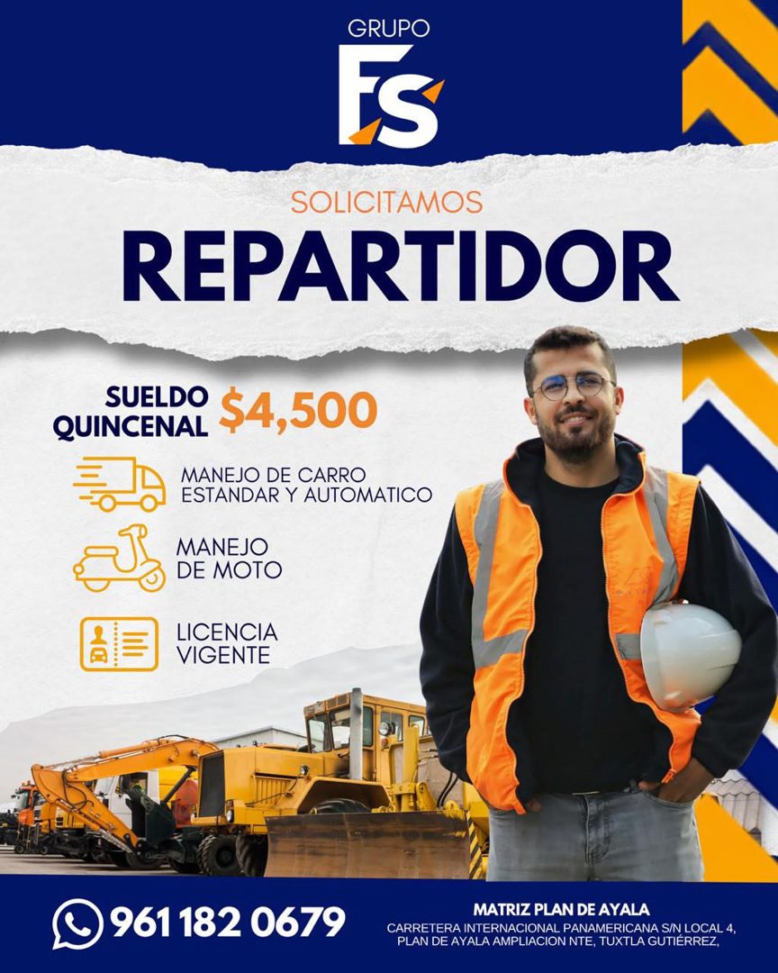 Banner del anuncio de la vacante: GRUPO · ES · SOLICITAMOS · REPARTIDOR · SUELDO · QUINCENAL · $4,500 · MANEJO DE CARRO · ESTANDAR Y AUTOMATICO · MANEJO · DE MOTO · 2 · LICEN