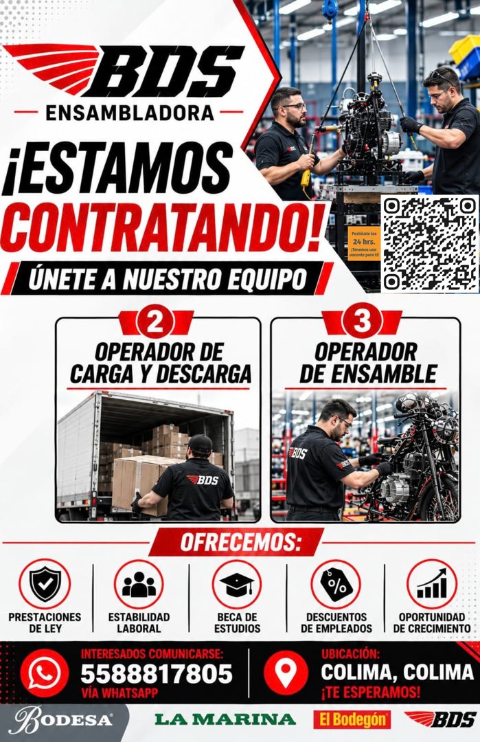 Banner del anuncio de la vacante: BDS · — ENSAMBLADORA - · ¡ESTAMOS · CONTRATANDO! · ÚNETE A NUESTRO EQUIPO · 2 · OPERADOR DE · CARGA Y DESCARGA · rosculare las · 24 hrs. · i