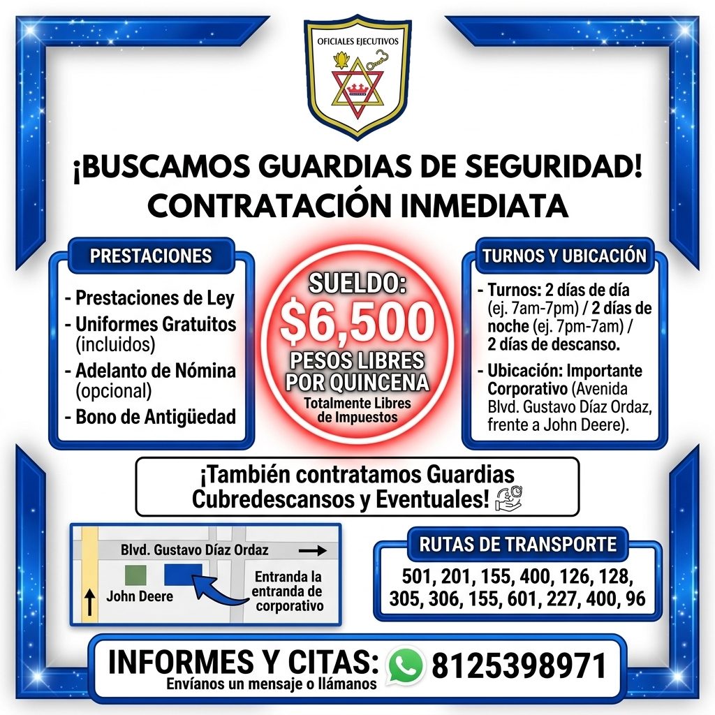 Banner del anuncio de la vacante: OFICIALES EJECUTIVOS · ¡BUSCAMOS GUARDIAS DE SEGURIDAD! · CONTRATACIÓN INMEDIATA · PRESTACIONES · TURNOS Y UBICACIÓN · - Prestaciones de Ley