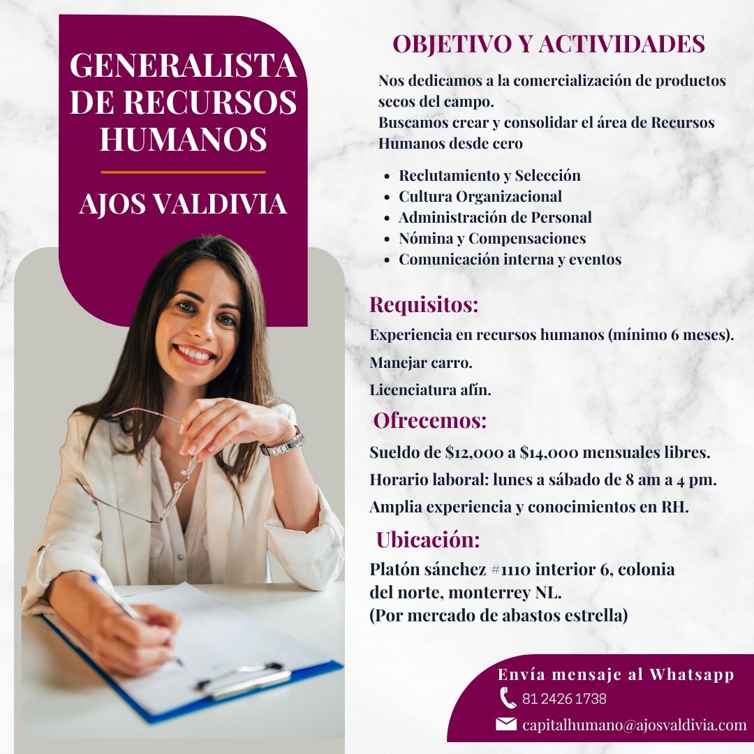 Banner del anuncio de la vacante: GENERALISTA · DE RECURSOS · HUMANOS · AJOS VALDIVIA · OBJETIVO Y ACTIVIDADES · Nos dedicamos a la comercialización de productos · secos del 