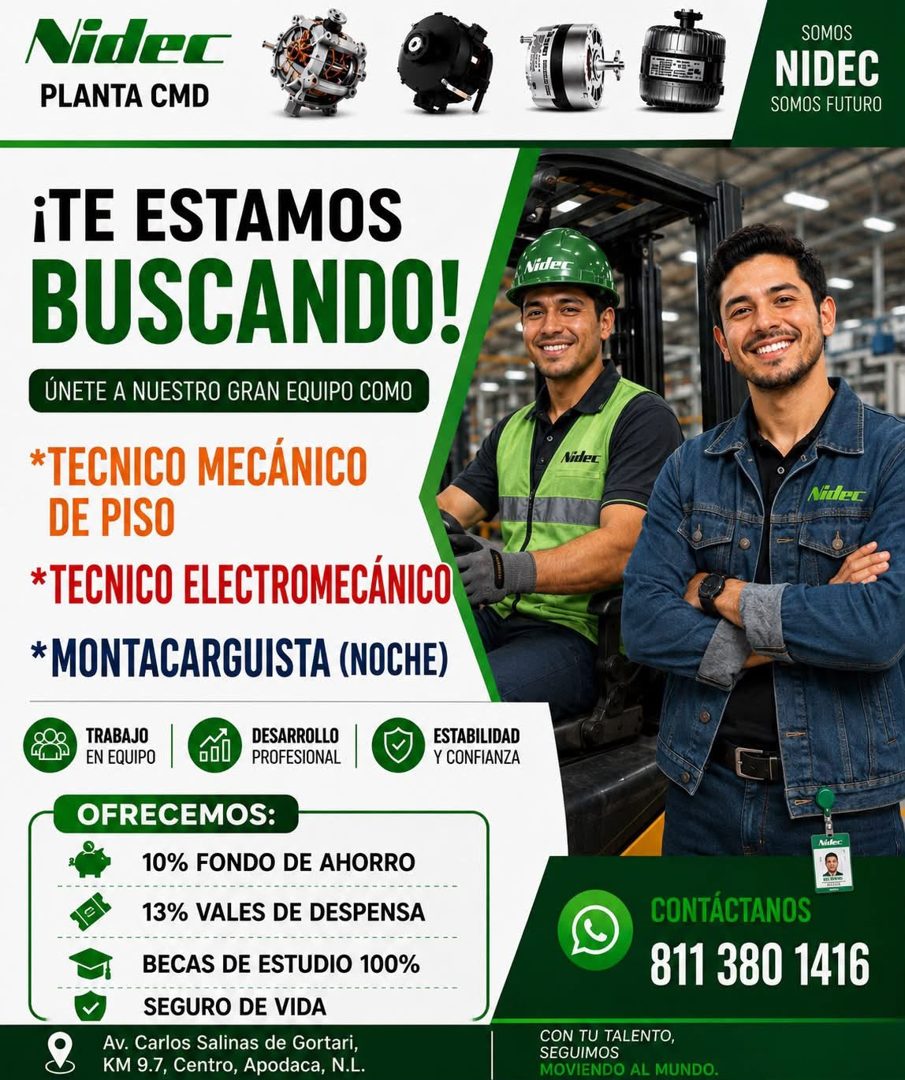 Banner del anuncio de la vacante: Nider · PLANTA CMD · SOMOS · NIDEC · SOMOS FUTURO · ¡TE ESTAMOS · BUSCANDO! · ÚNETE A NUESTRO GRAN EQUIPO COMO · *TECNICO MECÁNICO · DE PISO