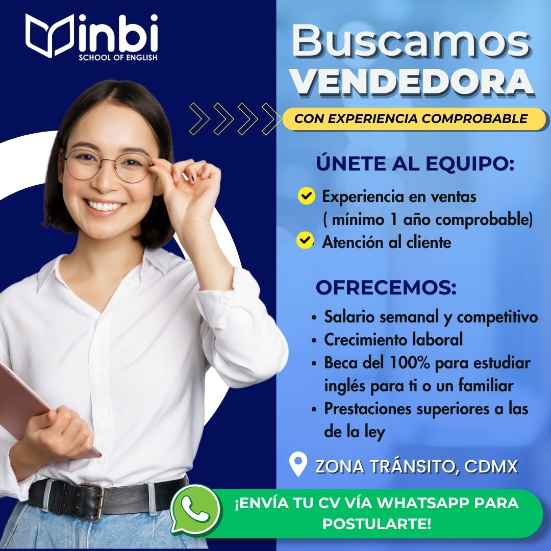 Banner del anuncio de la vacante: Minbi · SCHOOL OF ENGLISH · Buscamos · VENDEDORA · CON EXPERIENCIA COMPROBABLE · ÚNETE AL EQUIPO: · v Experiencia en ventas · ( mínimo 1 año