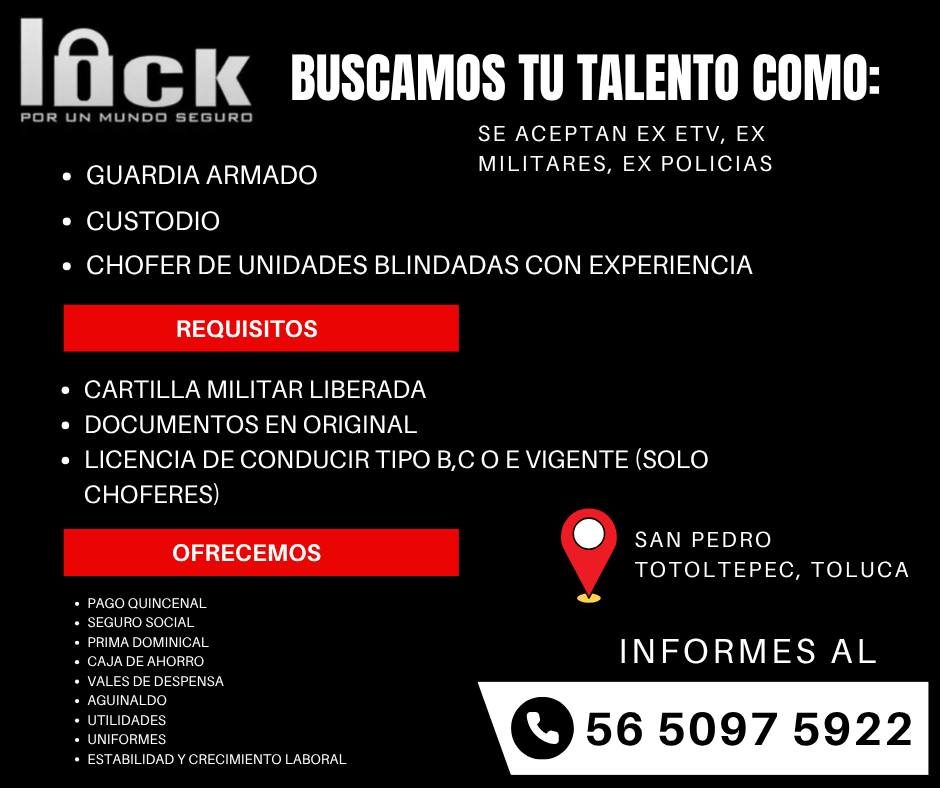 Banner del anuncio de la vacante: lAck · BUSCAMOS TU TALENTO COMO: · POR UN MUNDO SEGURO · SE ACEPTAN EX ETV, EX · MILITARES, EX POLICIAS · • GUARDIA ARMADO · • CUSTODIO · • 