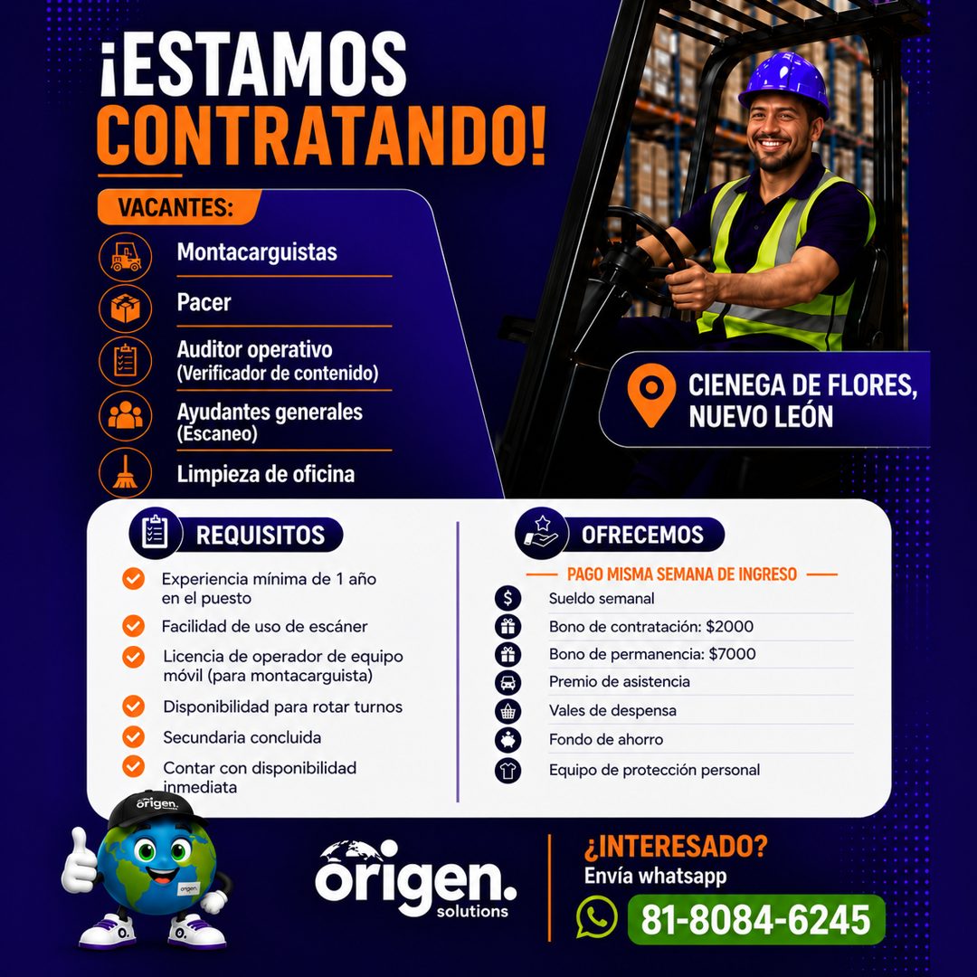 Banner del anuncio de la vacante: ¡ESTAMOS · CONTRATANDO! · VACANTES: · Montacarguistas · Pacer · Auditor operativo · (Verificador de contenido) · Ayudantes generales · (Esca