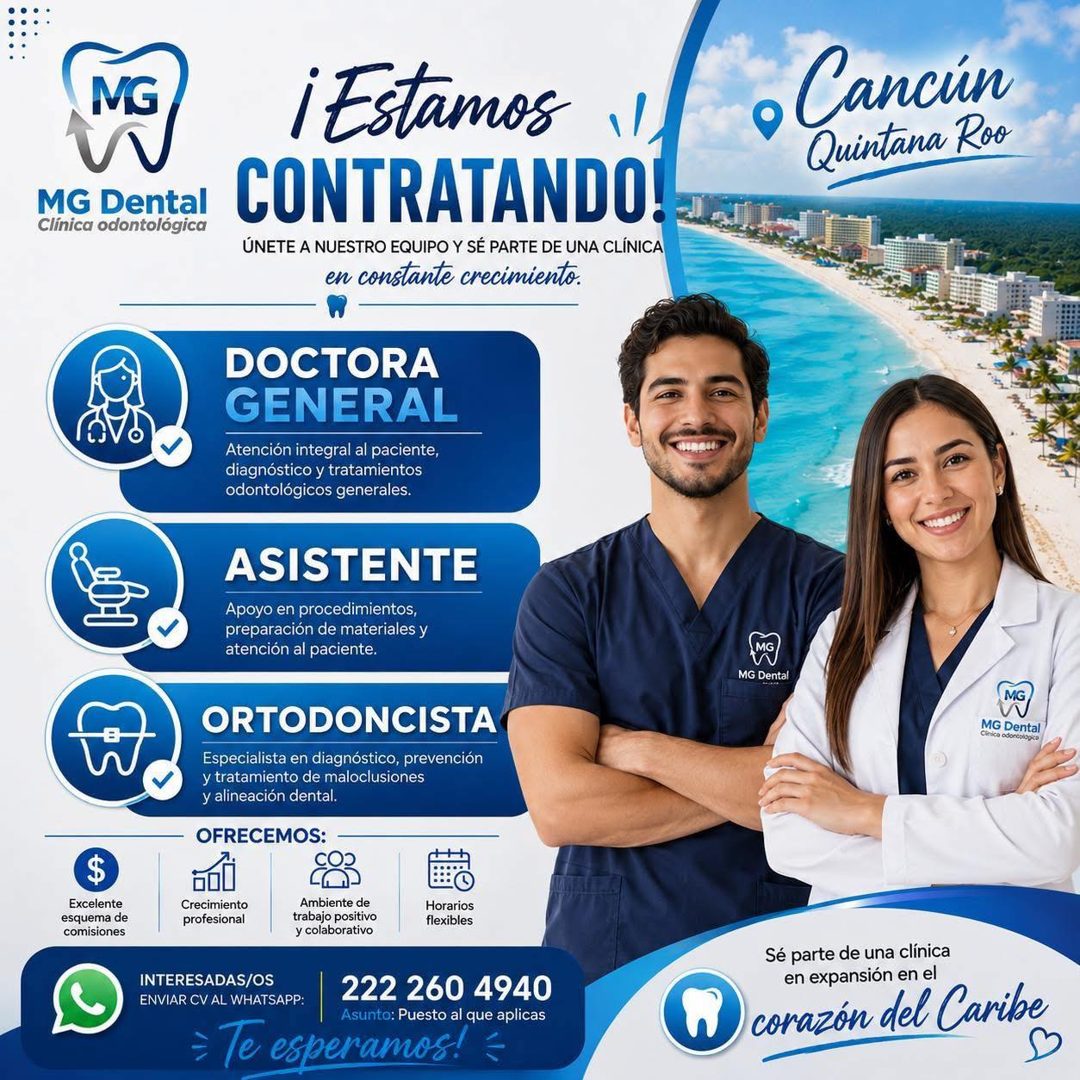 Banner del anuncio de la vacante: NG · MG Dental · Clínica odontológica · ¡Estamos · CONTRATANDO! · ÚNETE A NUESTRO EQUIPO Y SÉ PARTE DE UNA CLÍNICA · en constante crecimient
