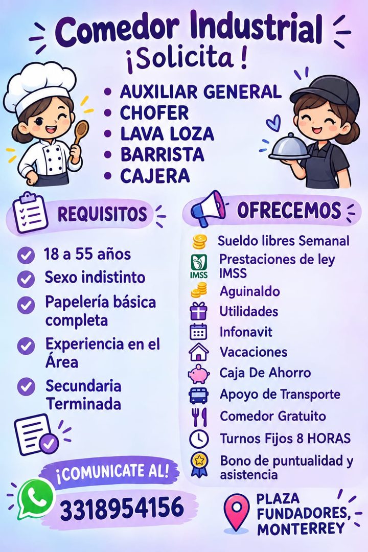 Banner del anuncio de la vacante: = Comedor Industrial · ¡Solicita! · • AUXILIAR GENERAL · • CHOFER · • LAVA LOZA · • BARRISTA · • CAJERA · REQUISITOS · 18 a 55 años · Sexo i