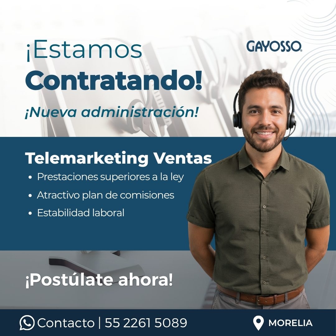 Banner del anuncio de la vacante: ¡Estamos · Contratando! · ¡Nueva administración! · Telemarketing Ventas · • Prestaciones superiores a la ley · • Atractivo plan de comisione