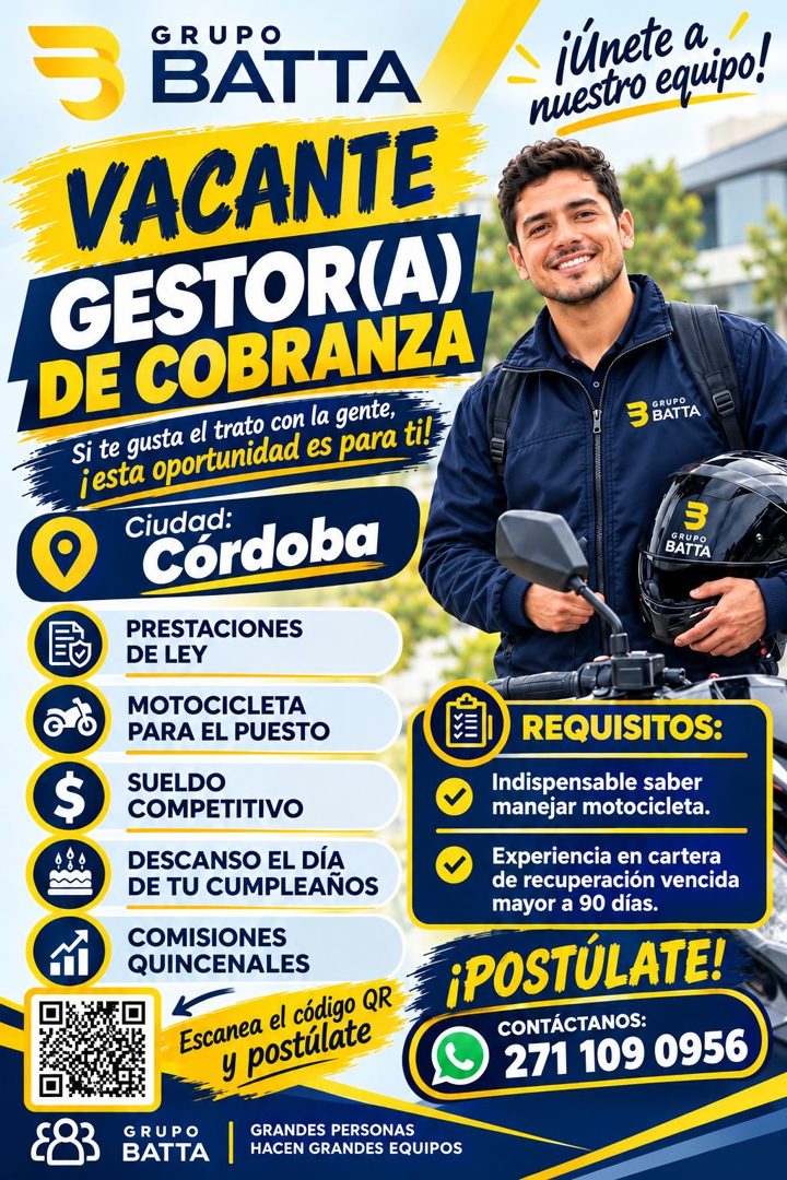 Banner del anuncio de la vacante: GRUPO · BATTA · VACANTE · GESTOR(A) · DE COBRANZA · Si te gusta el trato con la gente, · ¡esta oportunidad es para ti! · Ciudad: · Córdoba ·