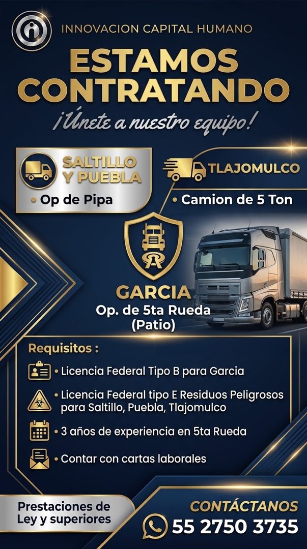 Banner del anuncio de la vacante: INNOVACION CAPITAL HUMANO · ESTAMOS · CONTRATANDO · ¡Unete a nuestro equipo! · SALTILLO · Y PUEBLA · • Op de Pipa · TLAJOMULCO · • Camion de