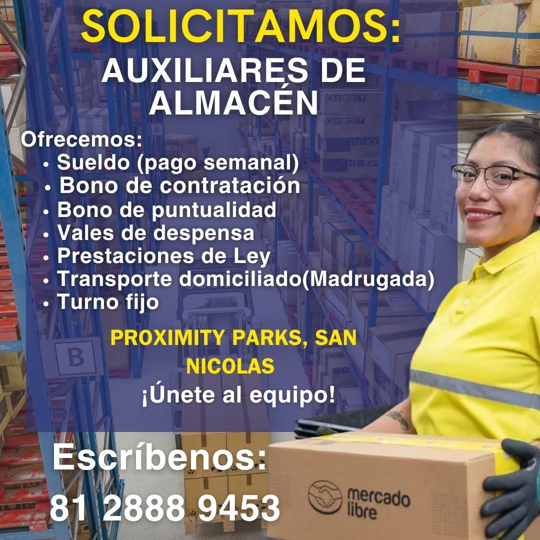 Banner del anuncio de la vacante: SOLICITAMOS: · AUXILIARES DE · ALMACEN · 43902 · Ofrecemos: · • Sueldo (pago semanal) · • Bono de contratación · • Bono de puntualidad · • V