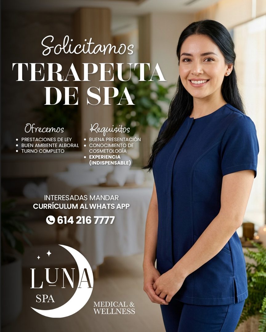 Banner del anuncio de la vacante: Solicitamos · TERAPEUTA · DE SPA · Ofrecemos · Requisitos · • PRESTACIONES DE LEY · • BUENA PRESENTACIÓN · • BUEN AMBIENTE ALBORAL • CONOCIM