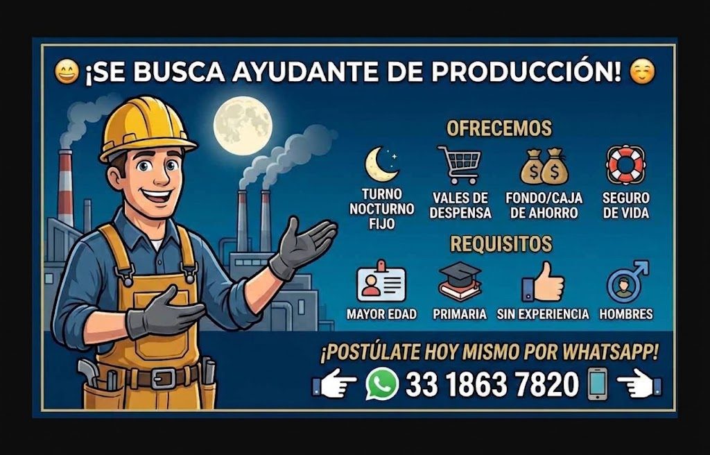 Banner del anuncio de la vacante: ¡SE BUSCA AYUDANTE DE PRODUCCIÓN! · OFRECEMOS · TURNO · NOCTURNO · FIJO · VALES DE · DESPENSA · FONDO/CAJA · DE AHORRO · REQUISITOS · SEGURO